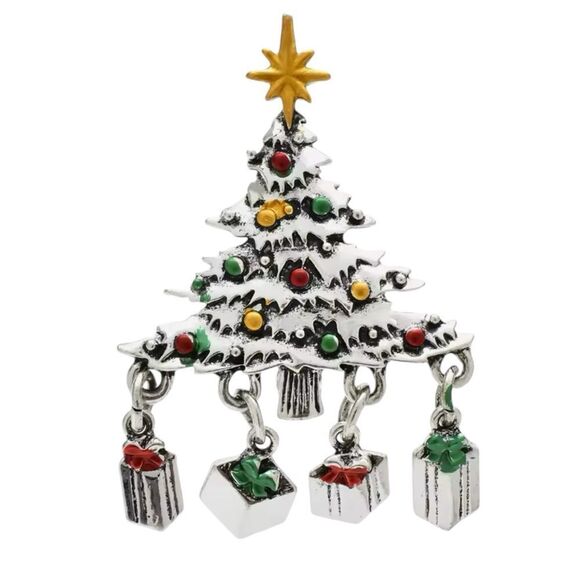 SILVER CHRISTMAS TREE BROOCH WITH PRESENTS UNDERNEATH - Picture 1 of 5